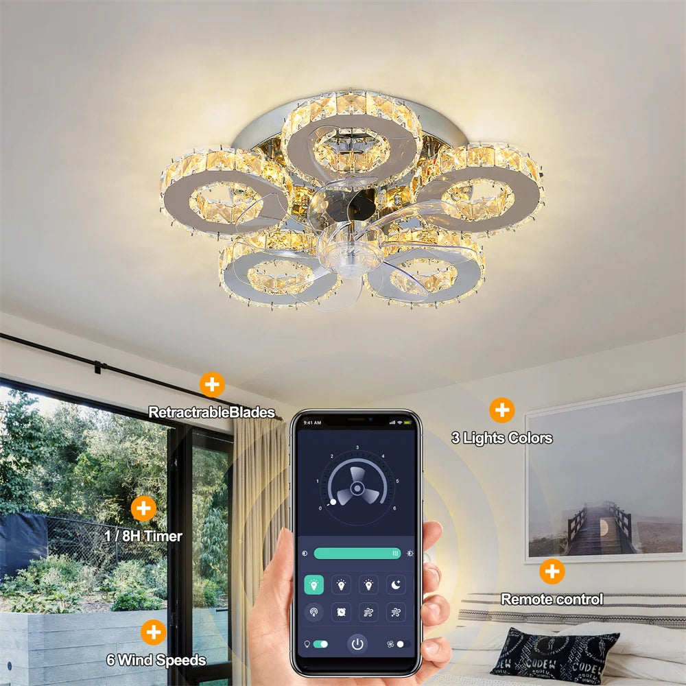 Modern Ceiling Fan Lamp APP Remote Control Crystal Led Chandelier Fan Light Bedroom Living Room Home Appliance Decor Fixture
