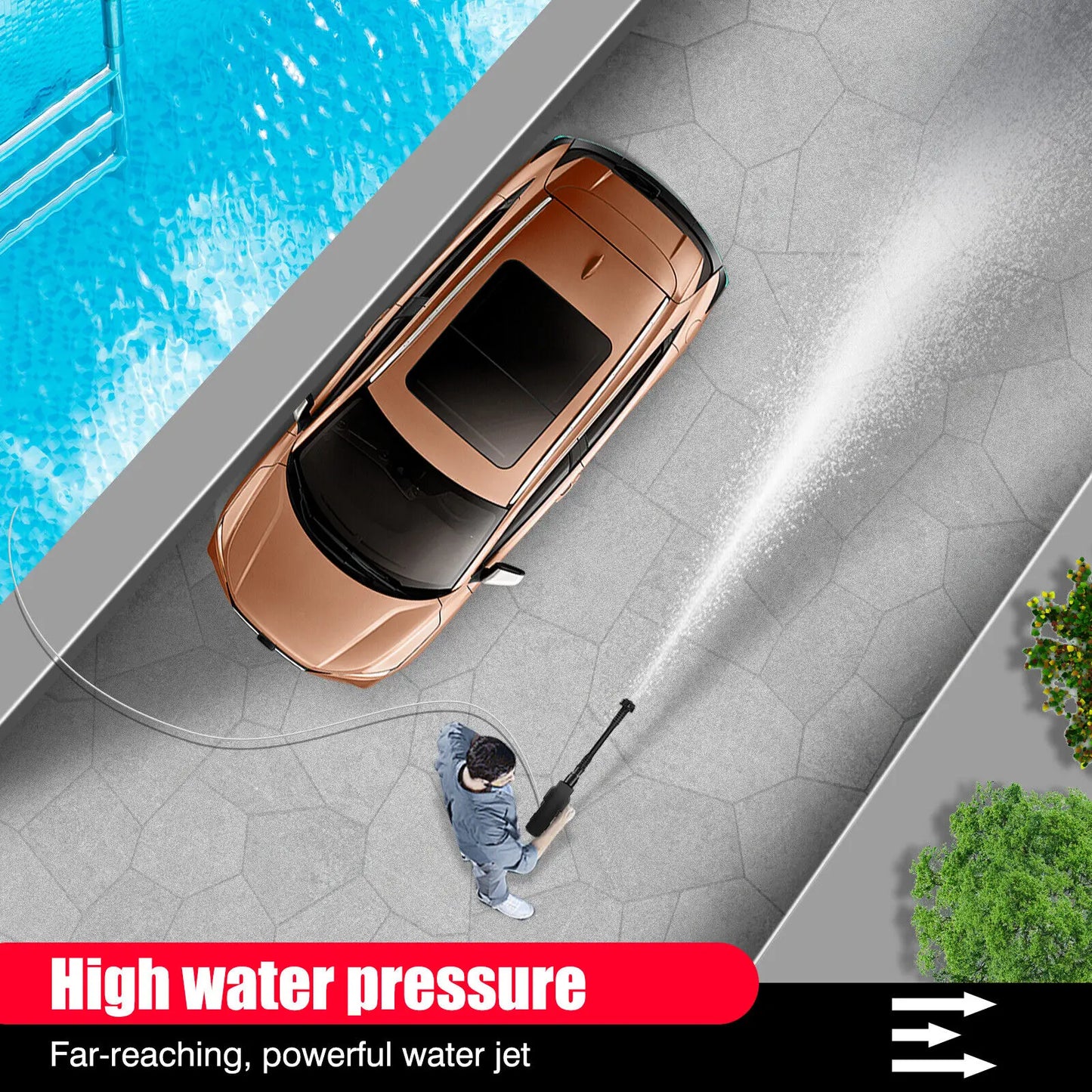 21V Cordless Power Washer Gun, Portable Pressure Cleaner with 2 Batteries & 5M Hose, 25CM Jet Wash for Car, Bike, Yard, Home