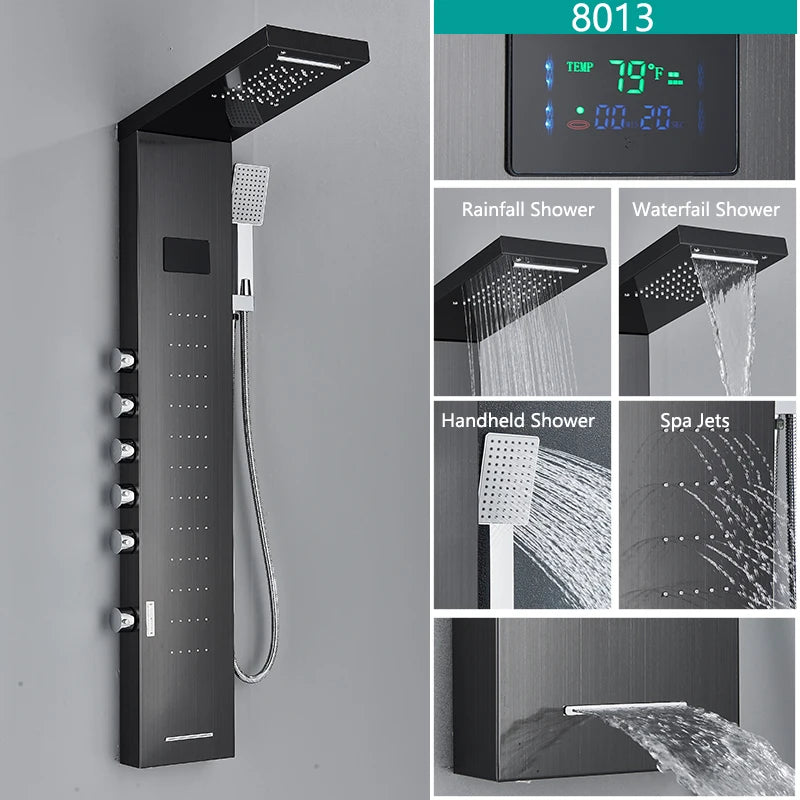 Bathroom LED Light Rain Waterfall Shower Panel Faucet Body Massage Jets Shower Faucet Stainless Steel Tub Spout Shower Column