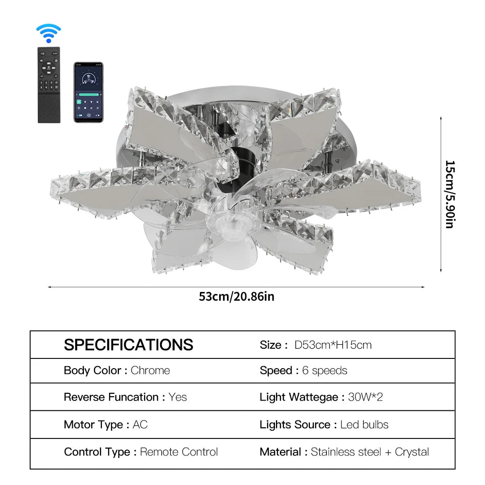 Modern Ceiling Fan Lamp APP Remote Control Crystal Led Chandelier Fan Light Bedroom Living Room Home Appliance Decor Fixture
