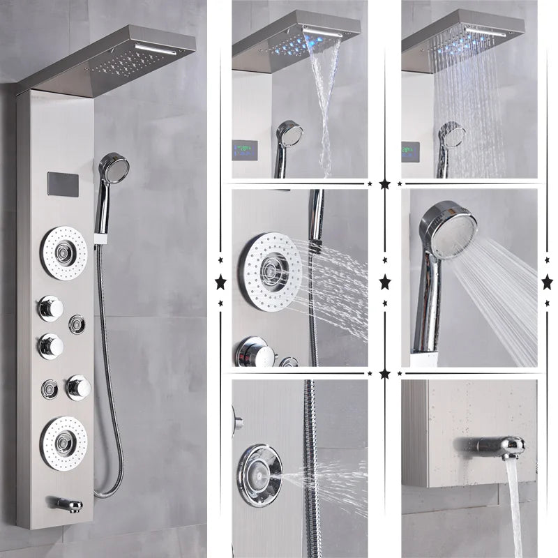 Black/Brushed Bathroom Shower Faucet Set LED Rainfall Shower Panel System Bathtub Water Mixer Tap Massage SPA Temperature Screen