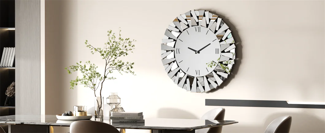 Large Wall Clock 3D Mirrored Clocks Sunburst Edge 32"/80CM Round Roman Numeral Modern Living Room Dining Room Fireplace Decor