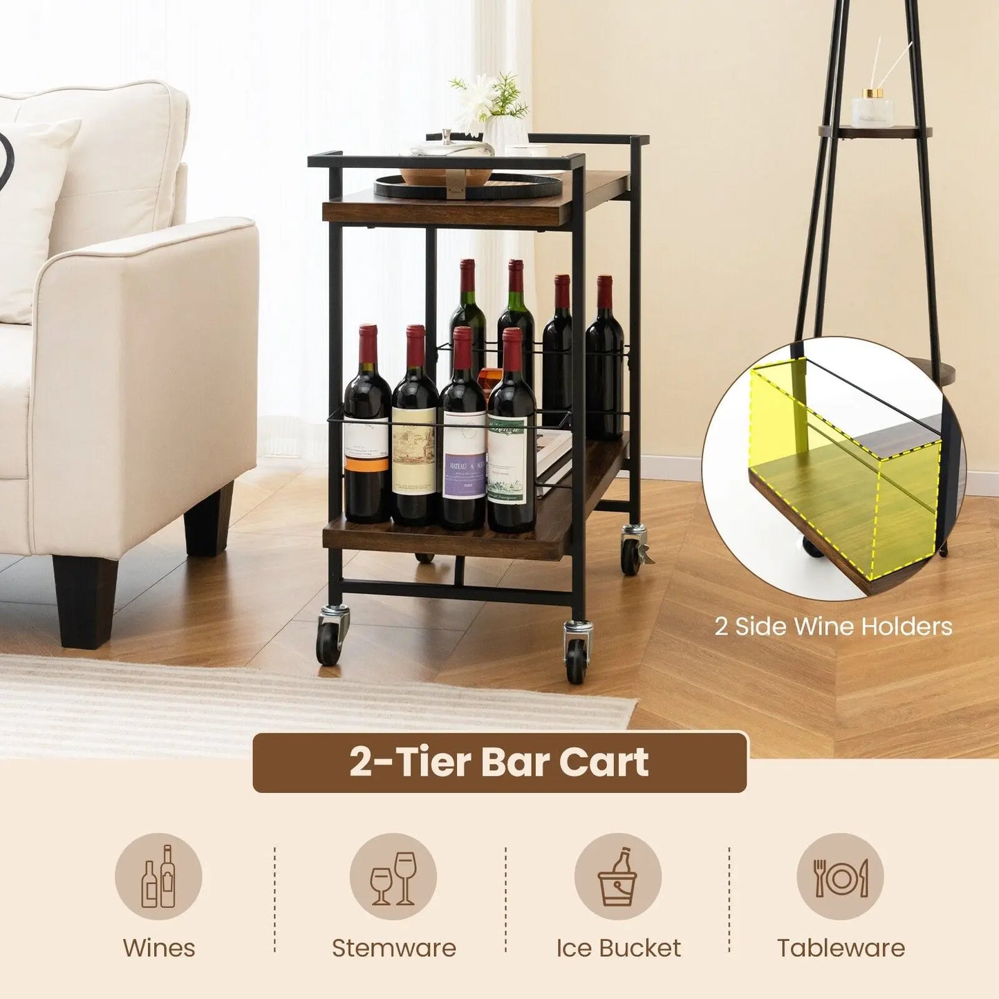 GOFLAME 2-tier Home Bar Cart Kitchen Dining Storage Mobile Cart w/Lockable Wheel