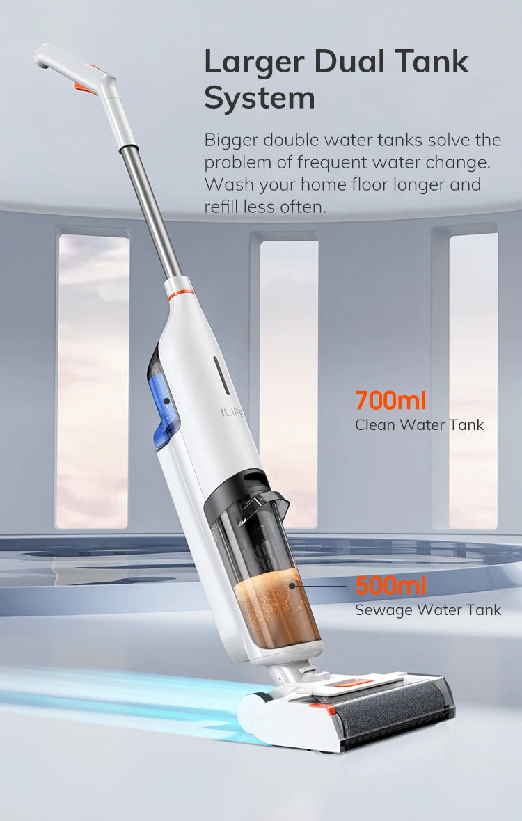 Ilife W90 Cordless Wireless Wet Dry Smart Mop Washing, 5500Pa Suction, 1 Min Self Cleaning, Large Dual Water Tank