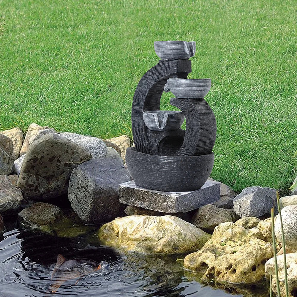 【Breeins】Rustic Outdoor Floor Water Fountain High with LED Light Cascading Bowls for Garden Patio Backyard