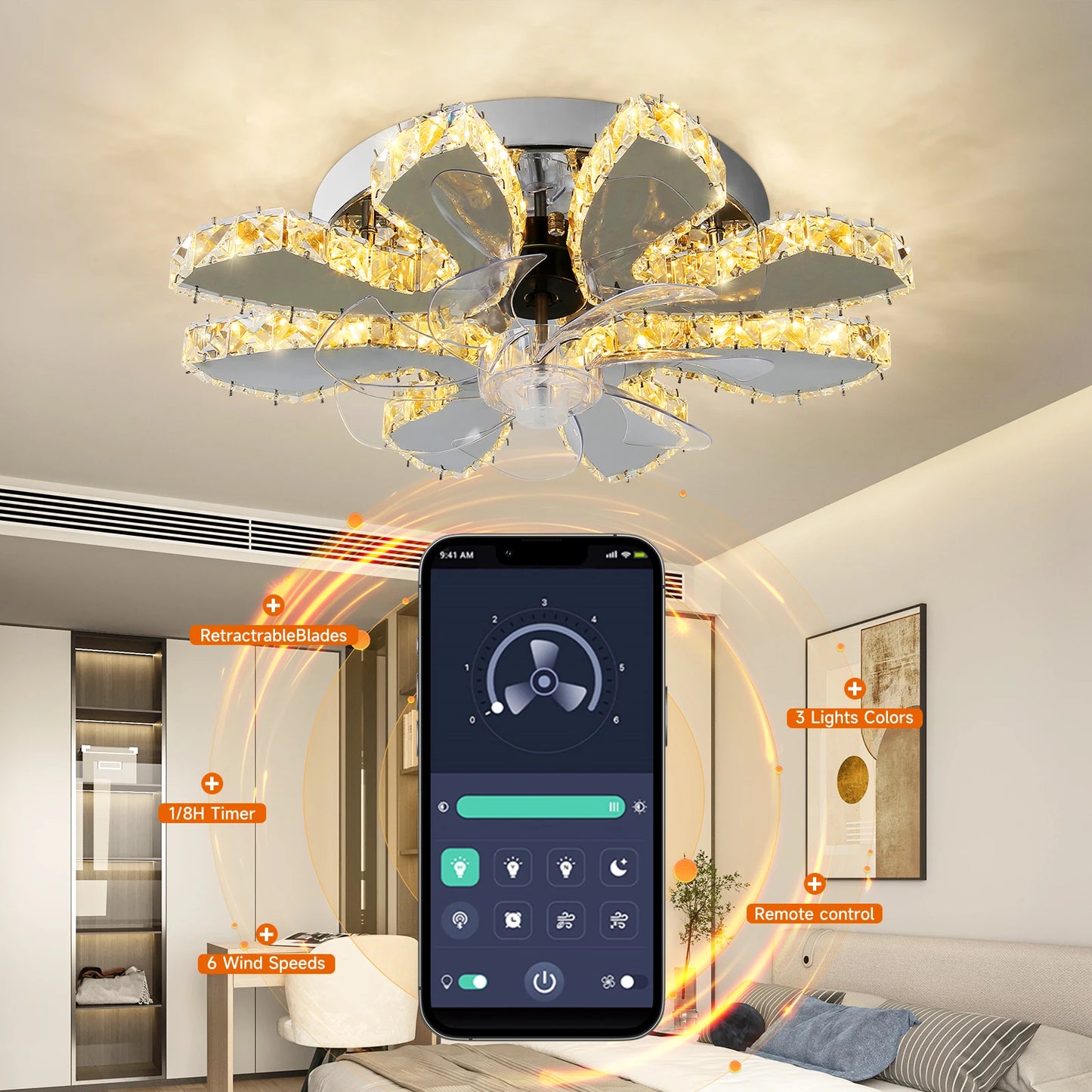 Modern Ceiling Fan Lamp APP Remote Control Crystal Led Chandelier Fan Light Bedroom Living Room Home Appliance Decor Fixture