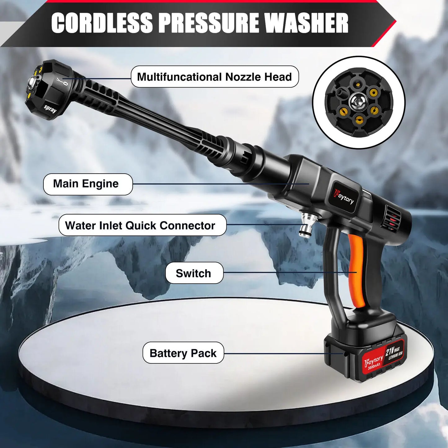21V Cordless Power Washer Gun, Portable Pressure Cleaner with 2 Batteries & 5M Hose, 25CM Jet Wash for Car, Bike, Yard, Home