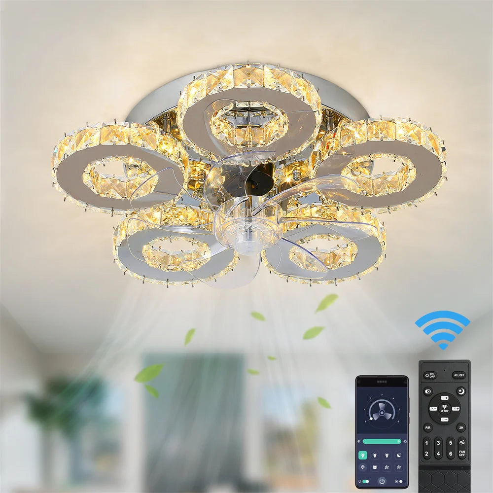 Modern Ceiling Fan Lamp APP Remote Control Crystal Led Chandelier Fan Light Bedroom Living Room Home Appliance Decor Fixture