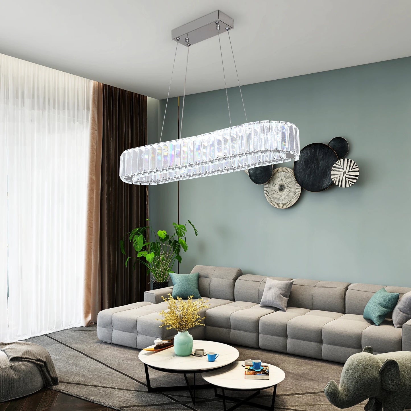 VETRULUS Modern Pendant Light Luxury Crystal Oval Design Led Chandelier Ceiling Lamp Hanging Fixture Living Bedroom Hotel Remote