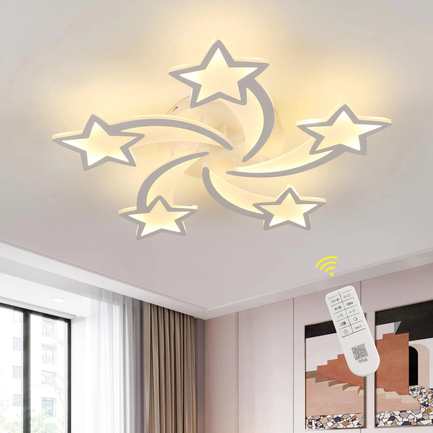 Dimmable LED Ceiling Light with Remote Control, White Creative LED Ceiling Light with 5 Heads for Living Room, Bedroom