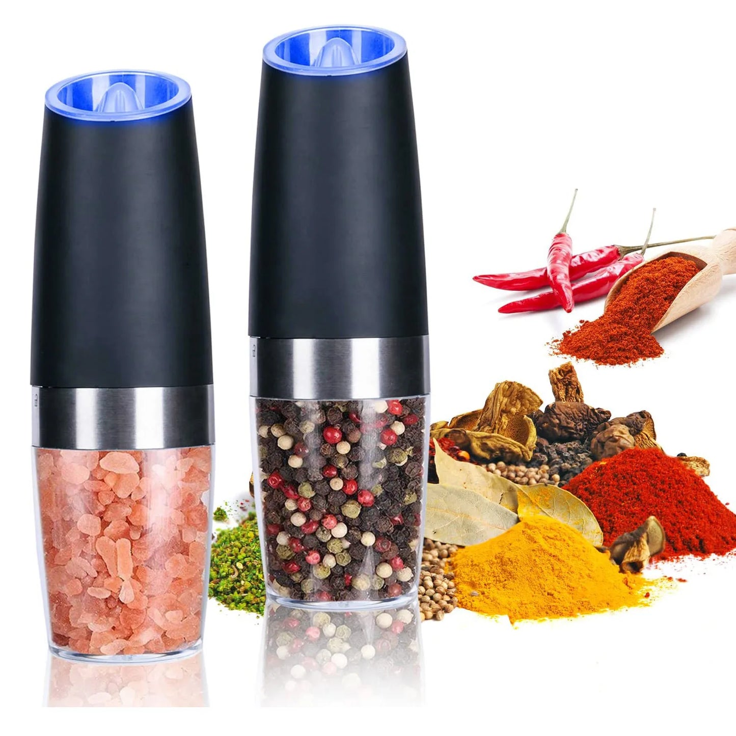 Gravity Electric Pepper and Salt Grinder Set Adjustable Coarseness Battery Powered with LED Light Stainless Steel Black 2 Pack
