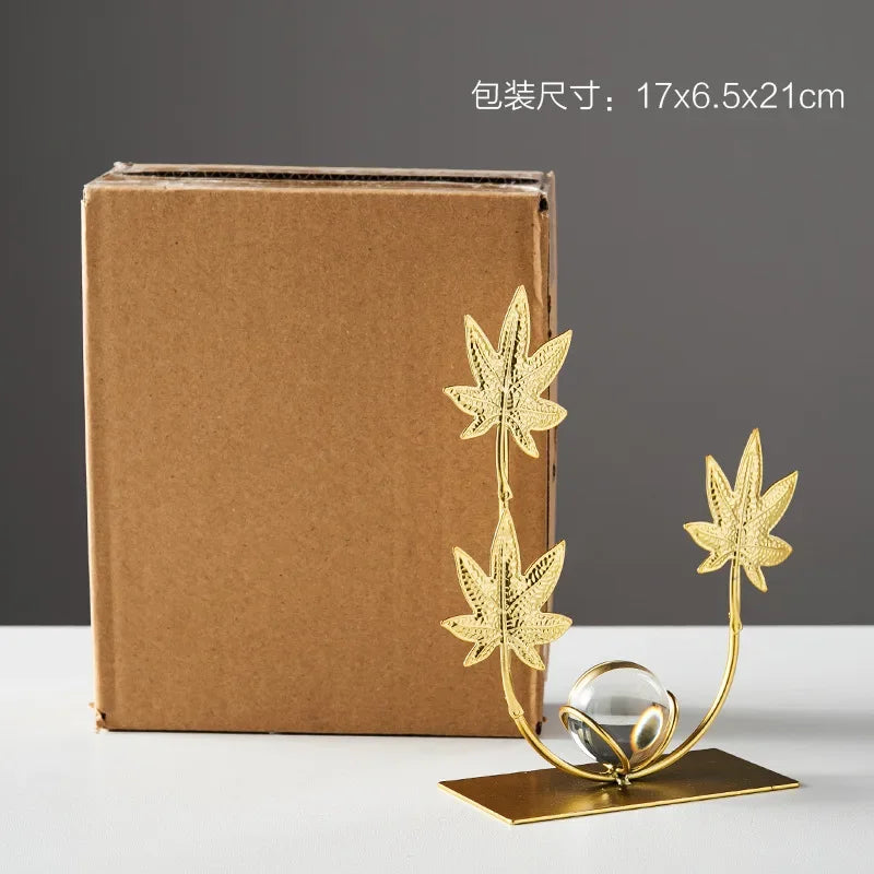 Gold Ginkgo Leaf Iron Crafts Decoration Light Luxury Crystal Ball Ornaments Living Room TV Wine Cabinet Xuan Guan Handicrafts
