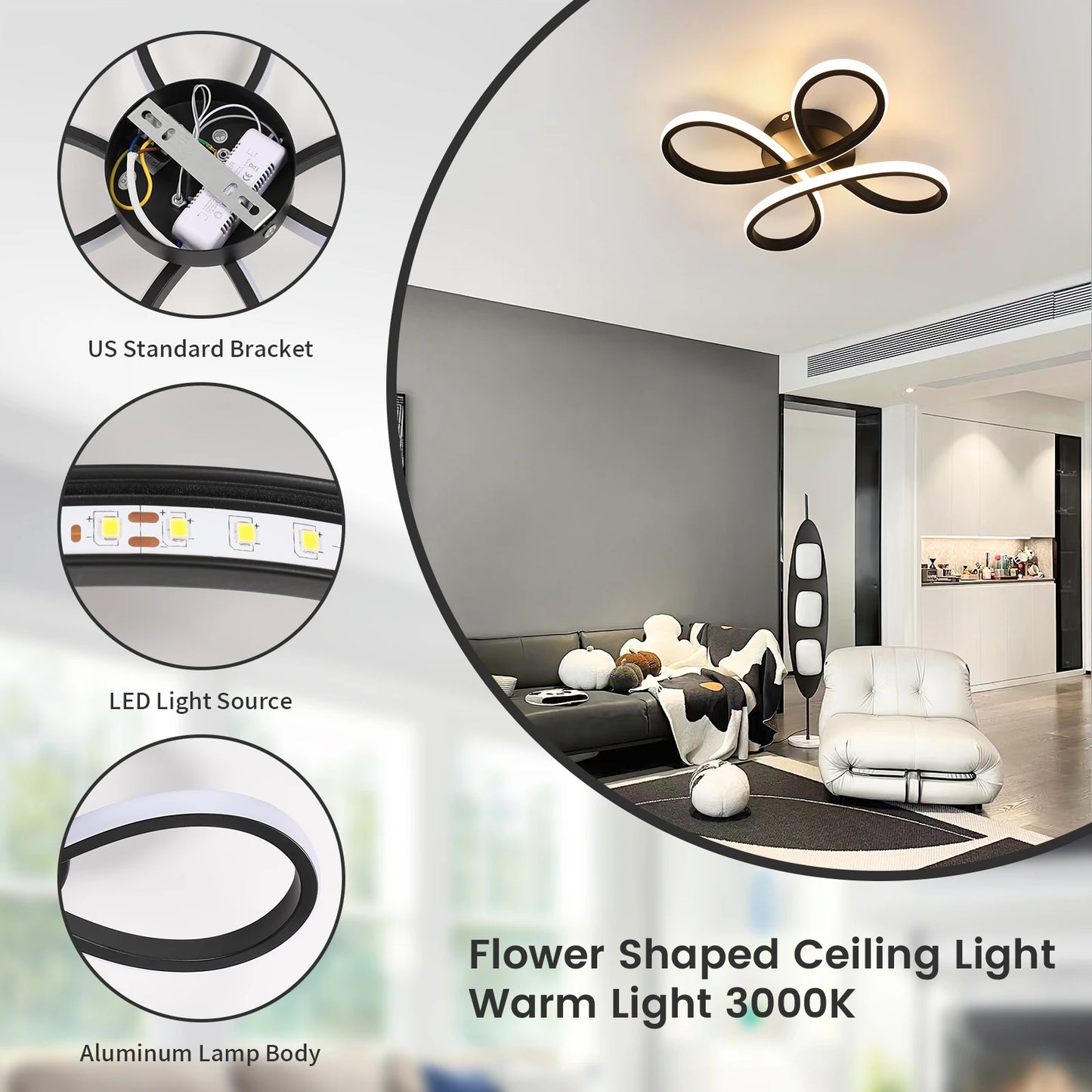 Modern LED Ceiling Light,28W 3200LM Black Modern LED Ceiling Lamp,Creative Flower Shape Design,3000K Ceiling Light for Bedroom