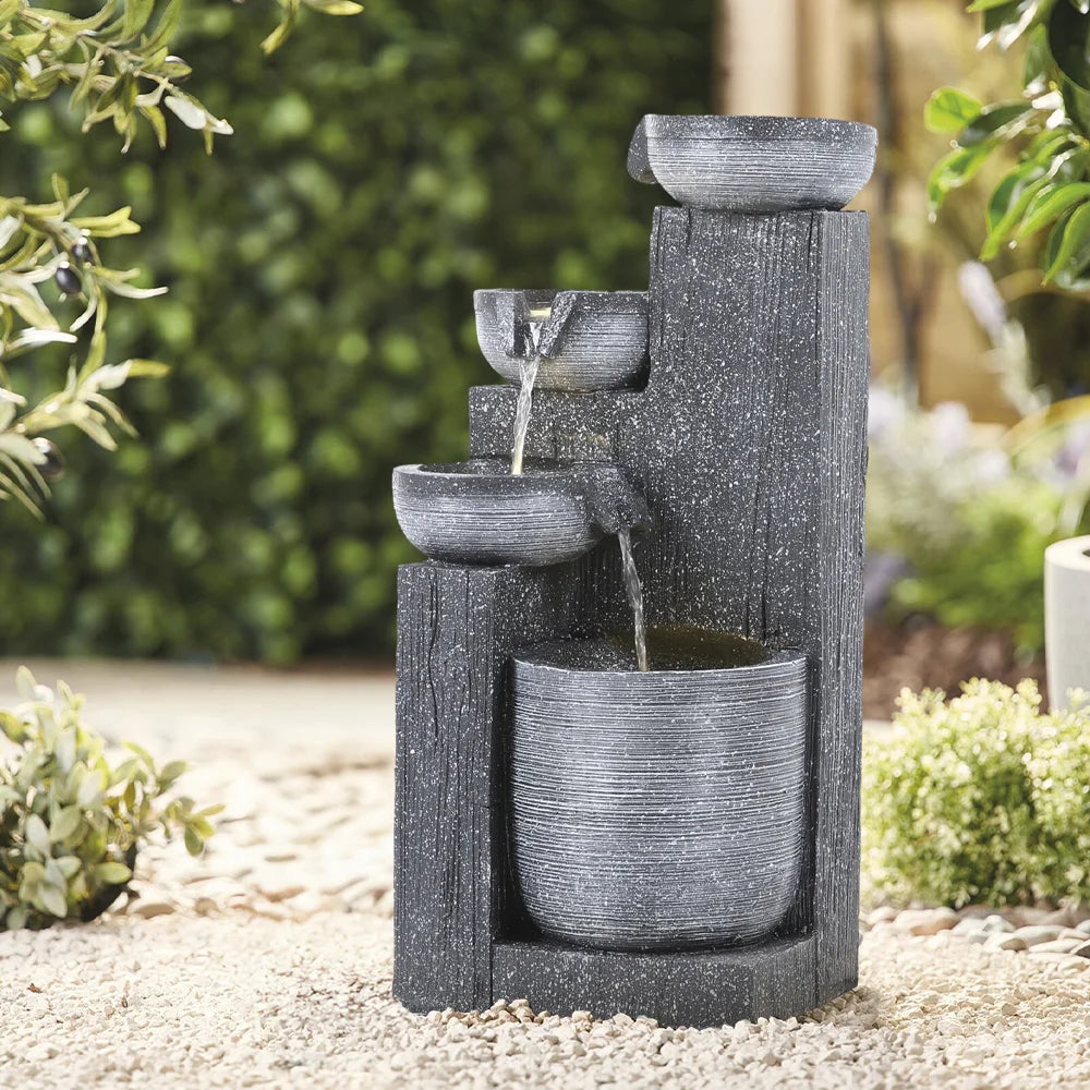 【Breeins】Rustic Outdoor Floor Water Fountain High with LED Light Cascading Bowls for Garden Patio Backyard