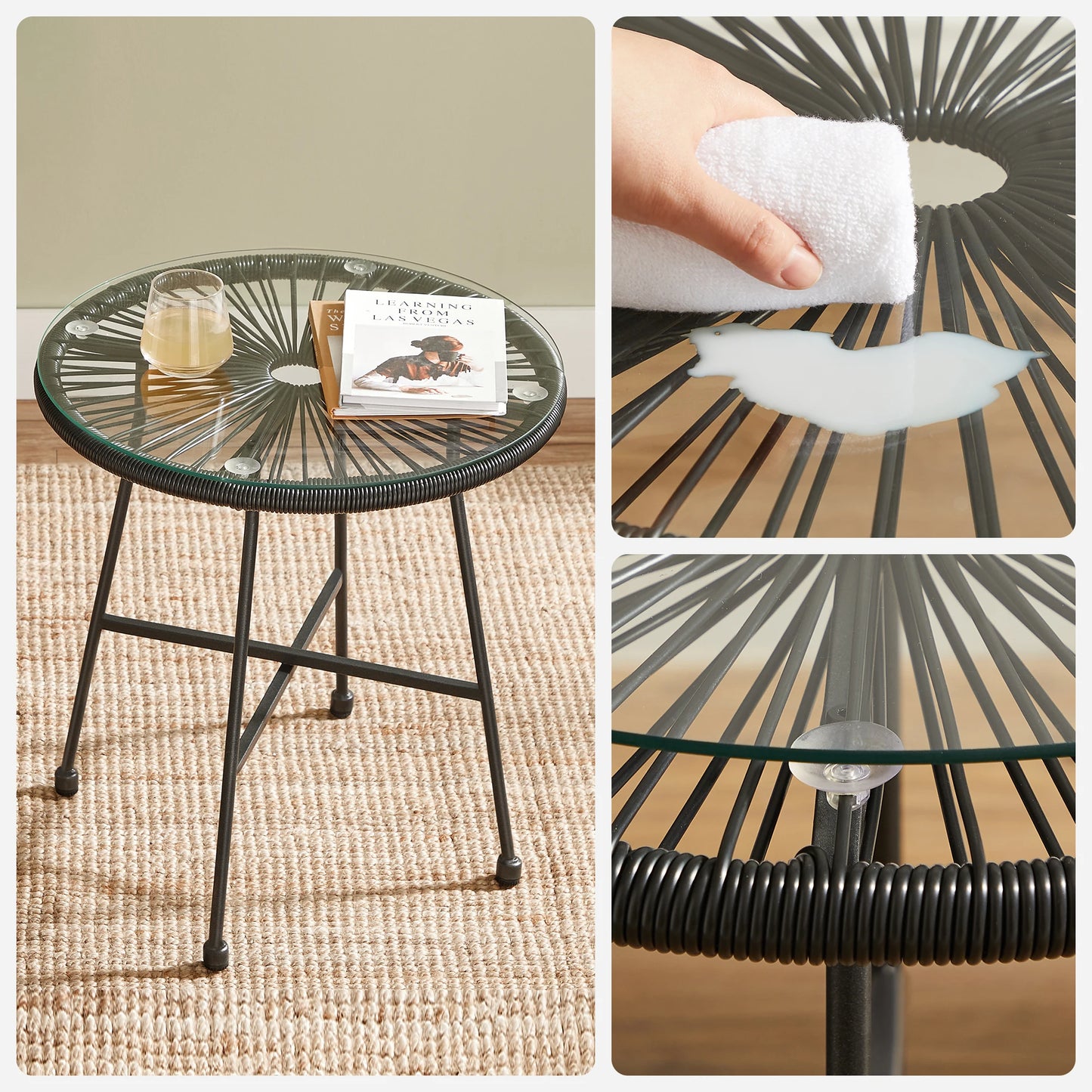 SONGMICS Garden Patio Furniture Set 3 Pieces, Acapulco Chair, Outdoor Seating, Glass Top Table and 2 Chairs