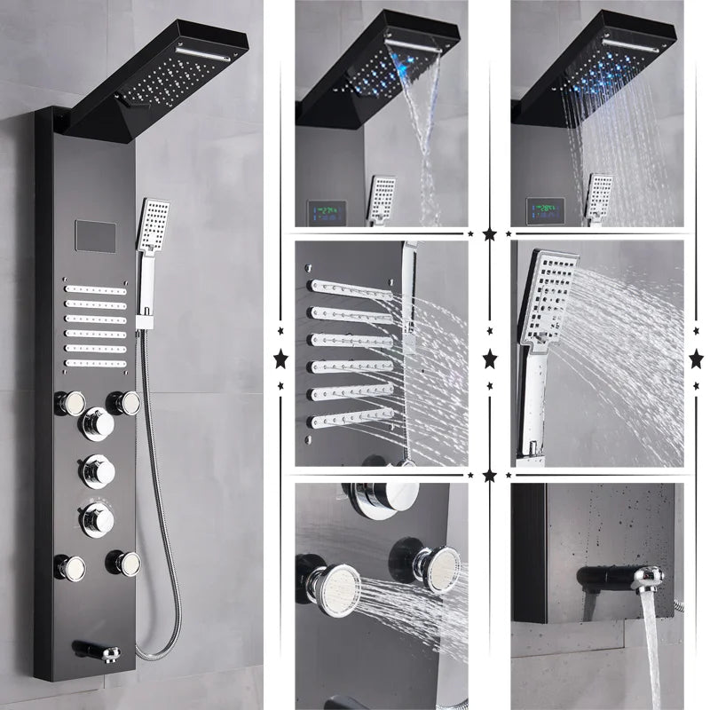 Black/Brushed Bathroom Shower Faucet Set LED Rainfall Shower Panel System Bathtub Water Mixer Tap Massage SPA Temperature Screen