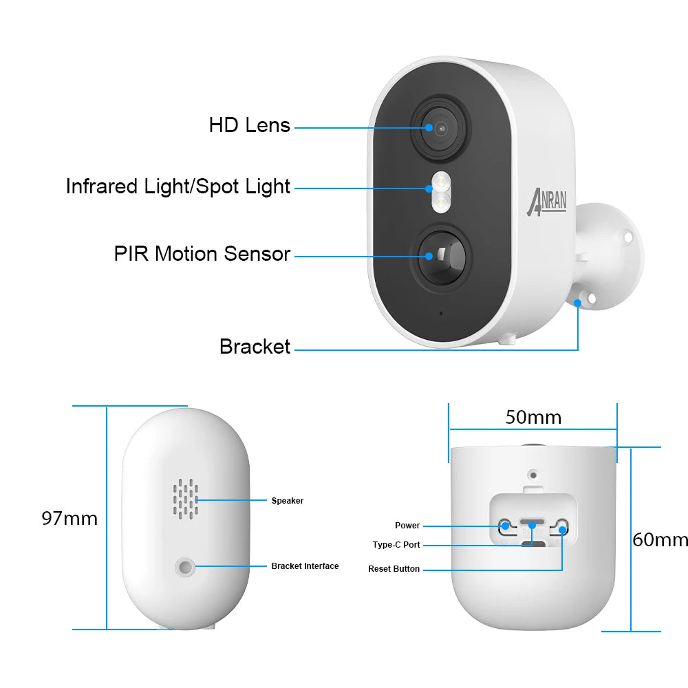 ANRAN 2K Rechargeable Battery Camera 2.4G WiFi Camera Wireless Home Surveillance Security Cameras PIR ,IP65 ,work with ANRAN app