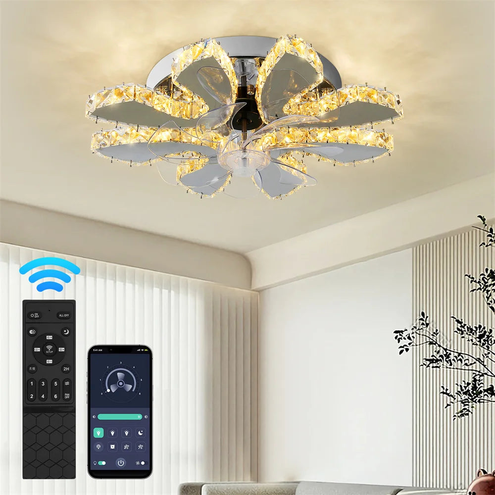 Modern Ceiling Fan Lamp APP Remote Control Crystal Led Chandelier Fan Light Bedroom Living Room Home Appliance Decor Fixture