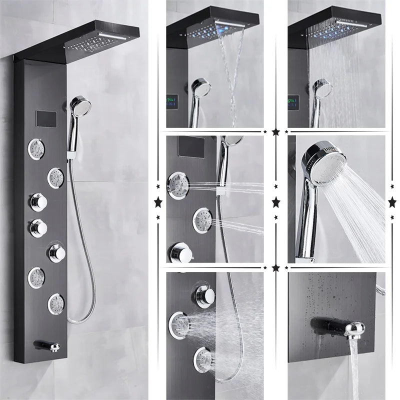 Black/Brushed Bathroom Shower Faucet Set LED Rainfall Shower Panel System Bathtub Water Mixer Tap Massage SPA Temperature Screen
