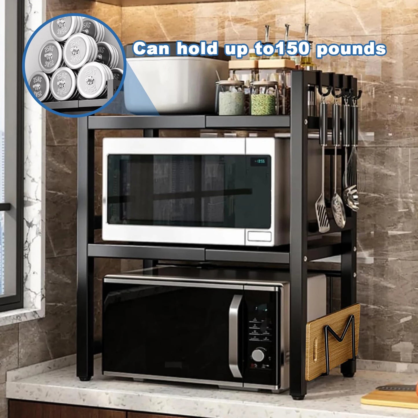 Expandable Microwave Oven Rack 2 Tier microwave shelf, with 6 hooks Adjustable Width Kitchen Counter Organizer Shelf Stand