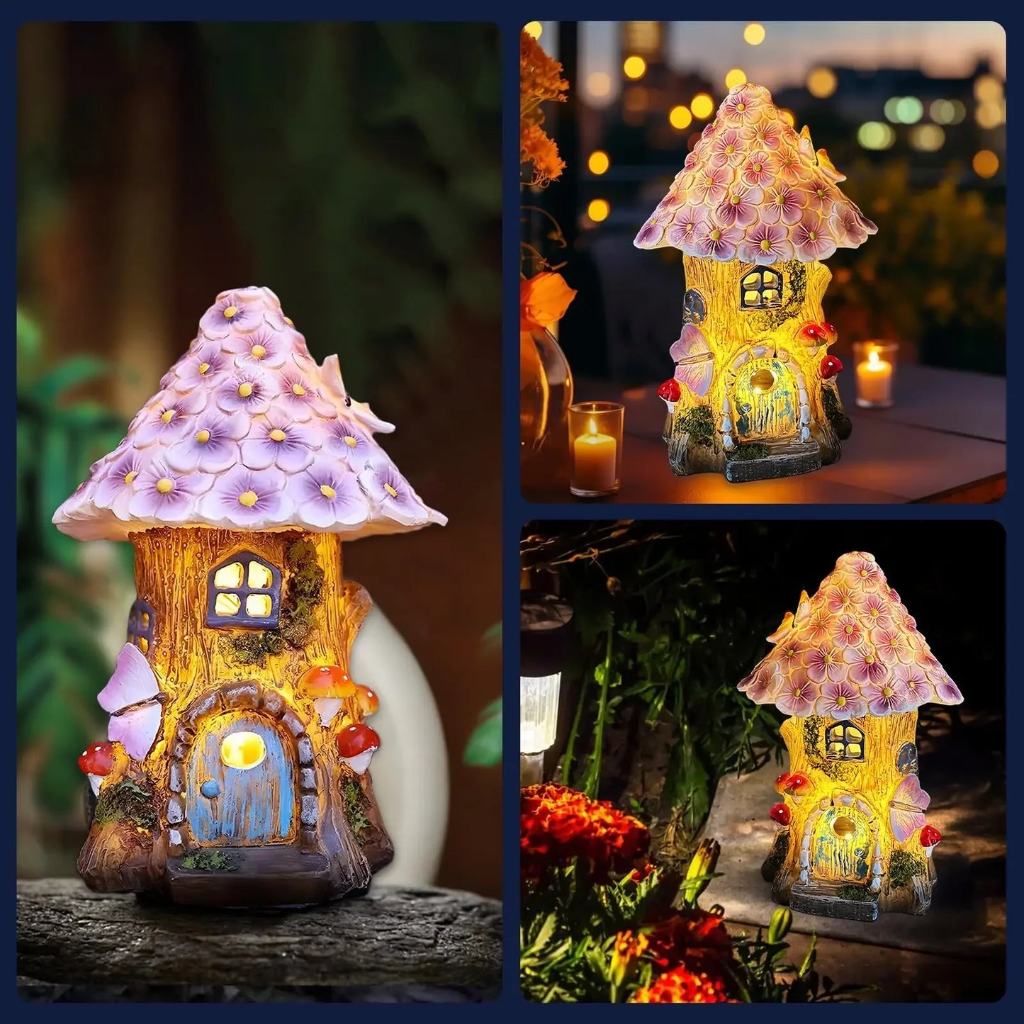 Fairy Garden House Solar Outdoor Statue, Light Up Mushroom Figurines Lawn Decorations for Yard, Fairies for Miniature House