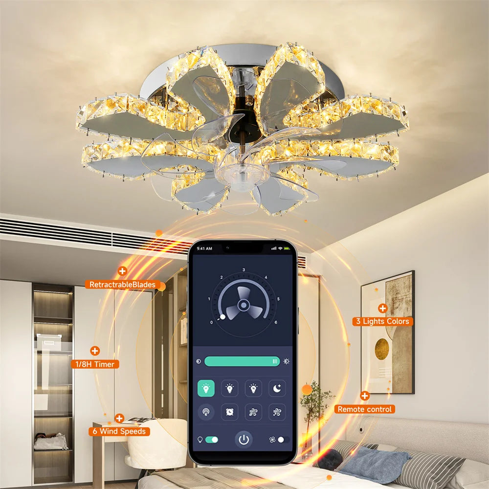 Modern Ceiling Fan Lamp APP Remote Control Crystal Led Chandelier Fan Light Bedroom Living Room Home Appliance Decor Fixture