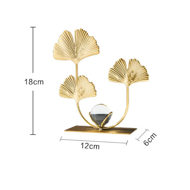Gold Ginkgo Leaf Iron Crafts Decoration Light Luxury Crystal Ball Ornaments Living Room TV Wine Cabinet Xuan Guan Handicrafts
