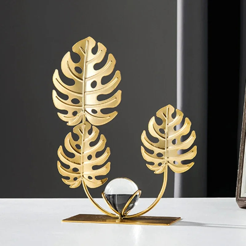 Gold Ginkgo Leaf Iron Crafts Decoration Light Luxury Crystal Ball Ornaments Living Room TV Wine Cabinet Xuan Guan Handicrafts