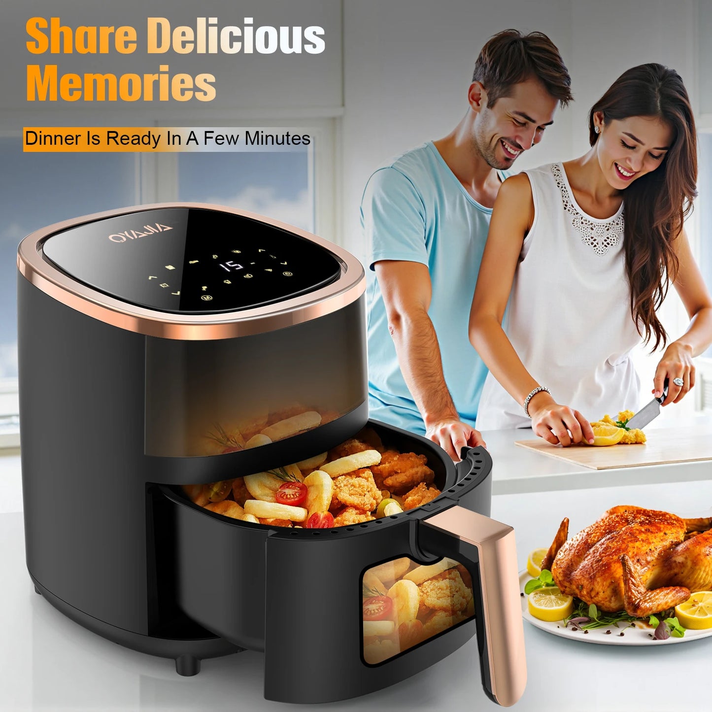 OYAJIA 6L Air Fryer with Smart Touch Display 60 Minutes Timer & 80°C-200°C Adjustable Temperature& 8 Preset Cooking Modes