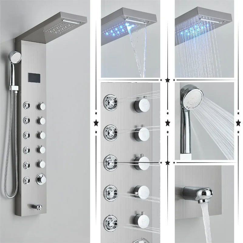 Black/Brushed Bathroom Shower Faucet Set LED Rainfall Shower Panel System Bathtub Water Mixer Tap Massage SPA Temperature Screen