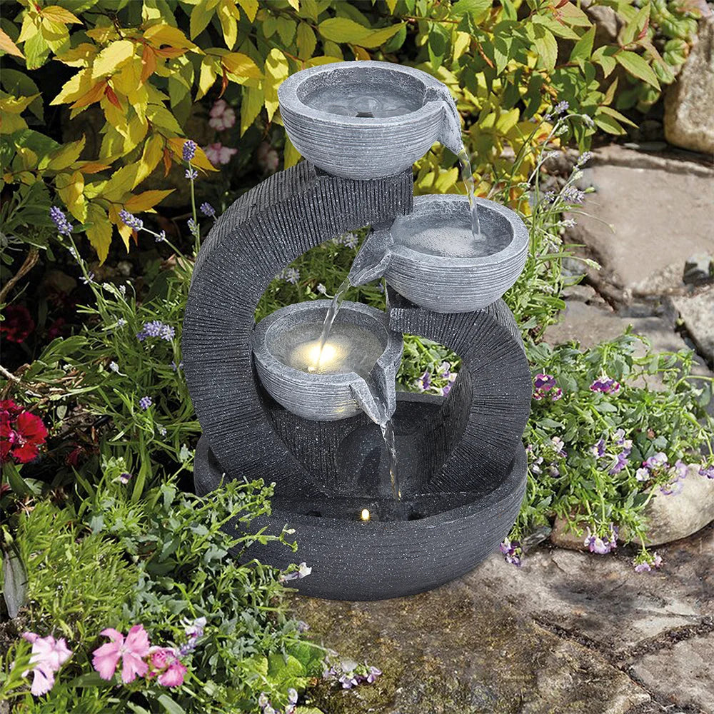 【Breeins】Rustic Outdoor Floor Water Fountain High with LED Light Cascading Bowls for Garden Patio Backyard