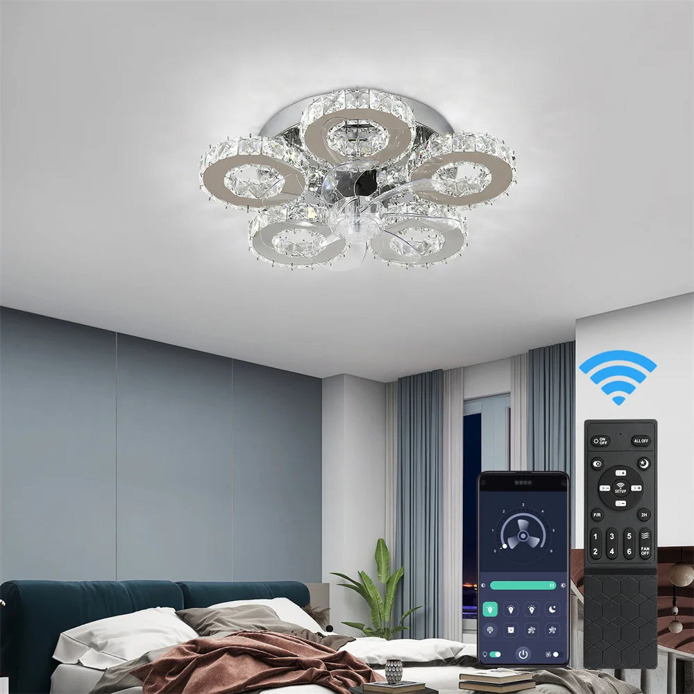 Modern Ceiling Fan Lamp APP Remote Control Crystal Led Chandelier Fan Light Bedroom Living Room Home Appliance Decor Fixture
