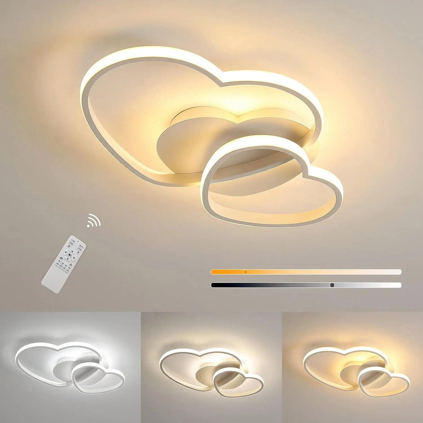 Dimmable LED Ceiling Light,64W Heart Ceiling Lamp 3000K/4500K/6500K,Chandelier White with Remote Control for Bedroom