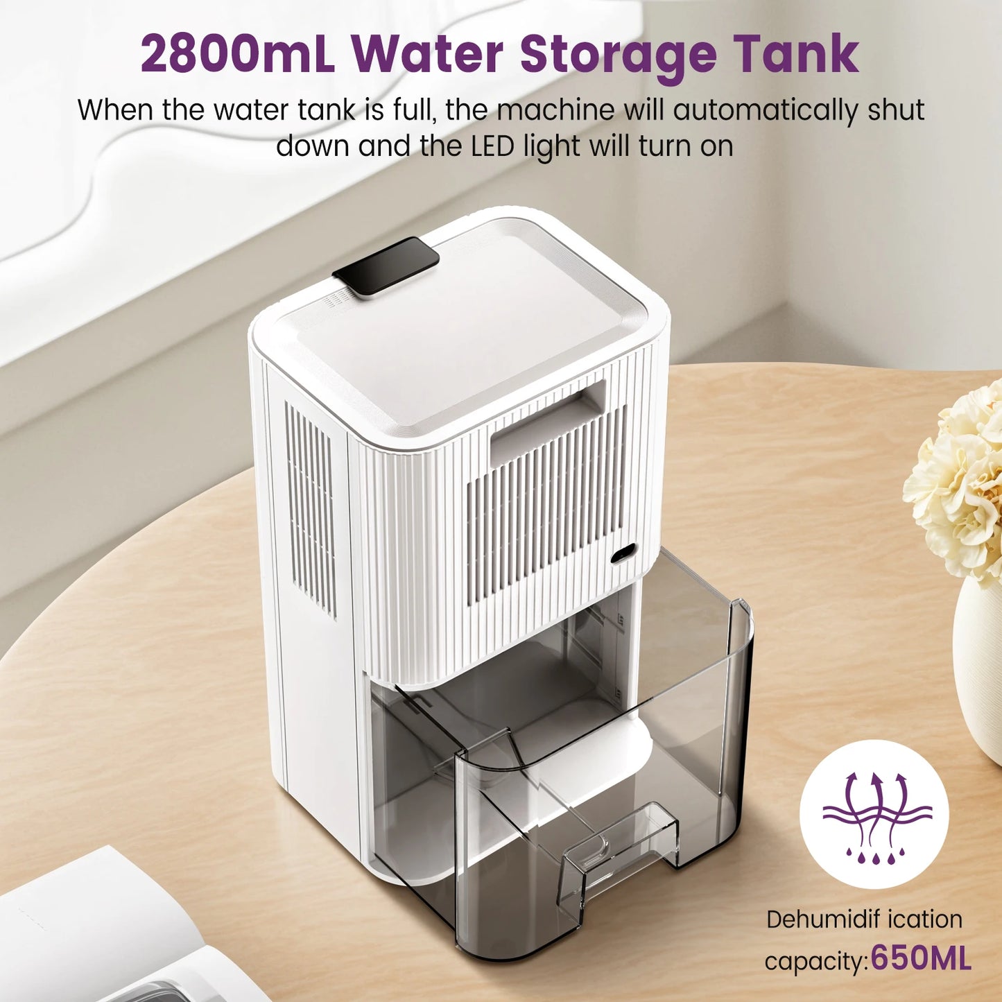 LOEFME Silent Dehumidifier 2.8L Large Air Dehumidifier 650ml/Day with Touch Display LED Light for Home Bedroom Office Basement