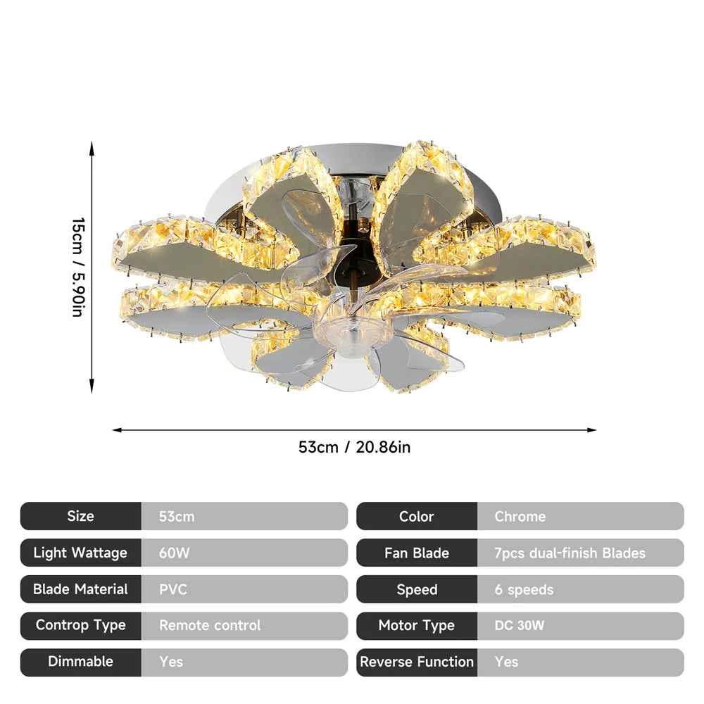 Modern Ceiling Fan Lamp APP Remote Control Crystal Led Chandelier Fan Light Bedroom Living Room Home Appliance Decor Fixture