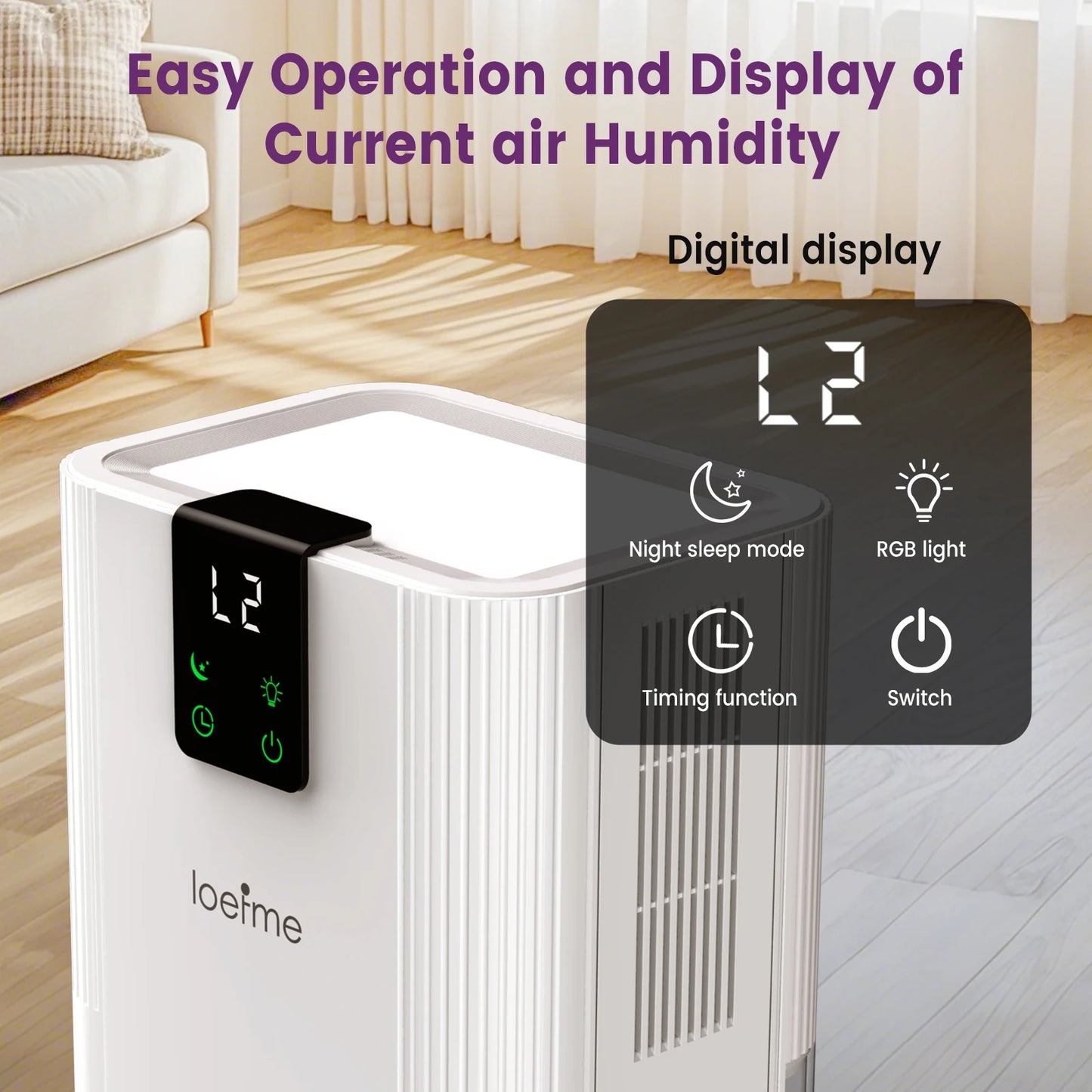 LOEFME Silent Dehumidifier 2.8L Large Air Dehumidifier 650ml/Day with Touch Display LED Light for Home Bedroom Office Basement