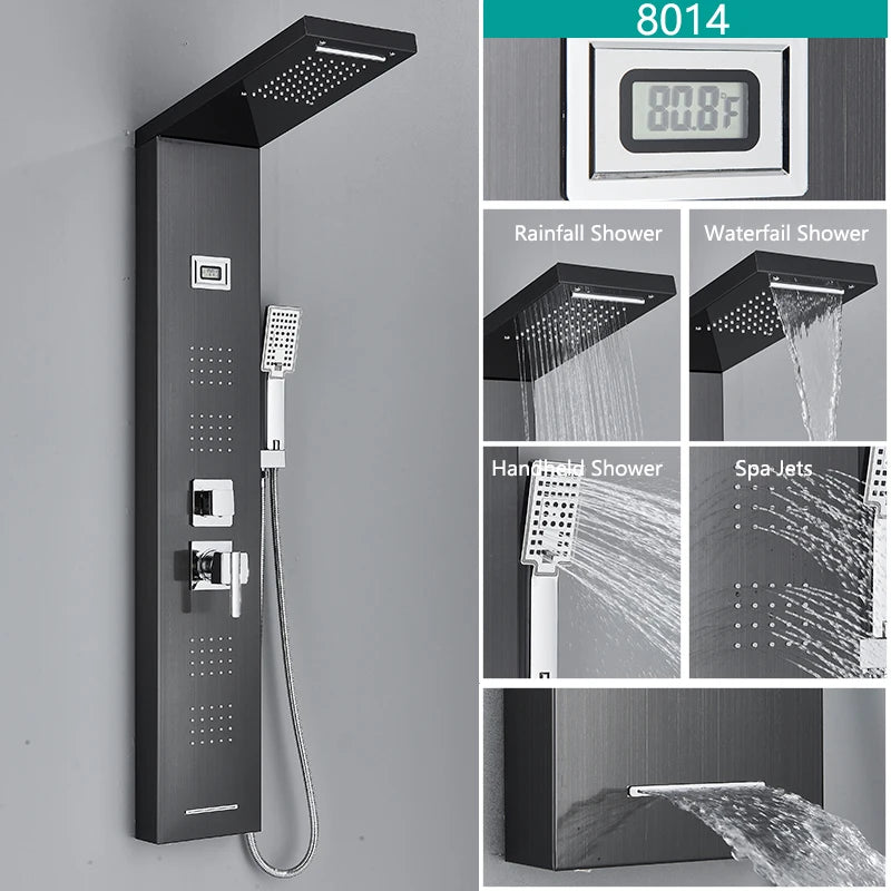 Bathroom LED Light Rain Waterfall Shower Panel Faucet Body Massage Jets Shower Faucet Stainless Steel Tub Spout Shower Column