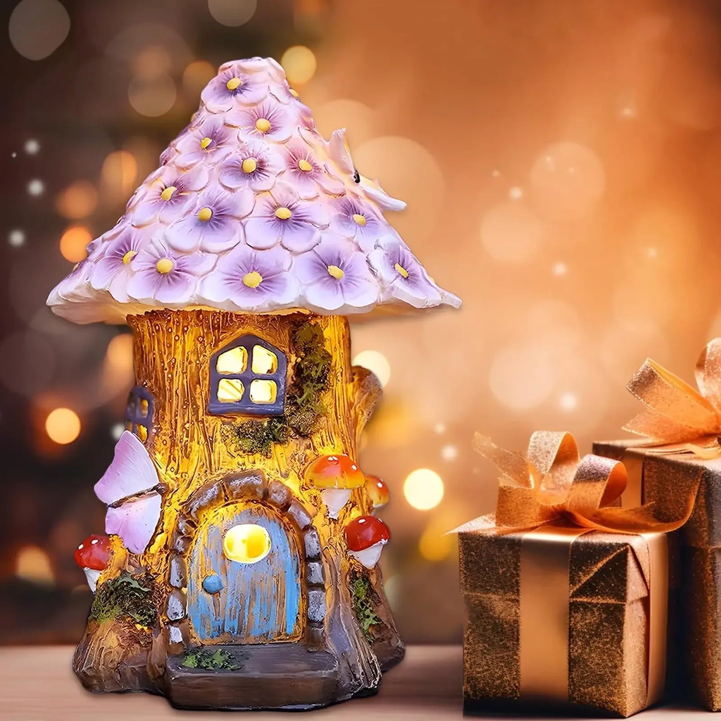 Fairy Garden House Solar Outdoor Statue, Light Up Mushroom Figurines Lawn Decorations for Yard, Fairies for Miniature House