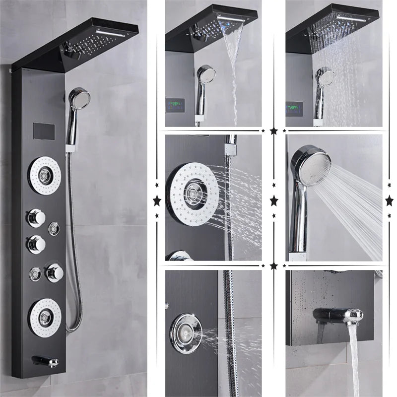 Black/Brushed Bathroom Shower Faucet Set LED Rainfall Shower Panel System Bathtub Water Mixer Tap Massage SPA Temperature Screen