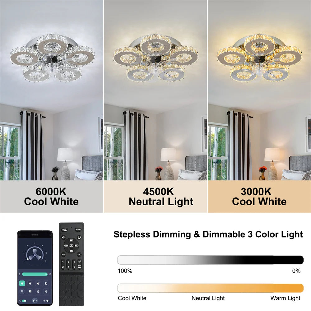 Modern Ceiling Fan Lamp APP Remote Control Crystal Led Chandelier Fan Light Bedroom Living Room Home Appliance Decor Fixture