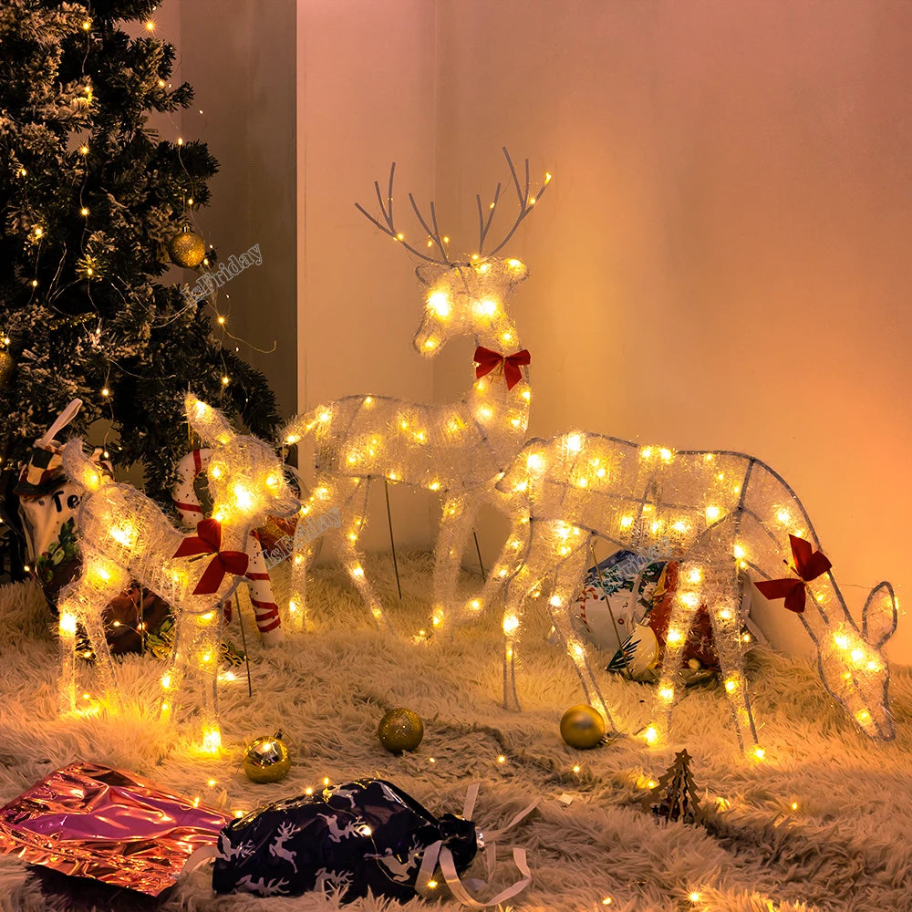Lighted Deer Christmas Outdoor Decoration Reindeer Family Moose Lighted Holiday Display with Bell Bow Deer Lawn Garden Decor