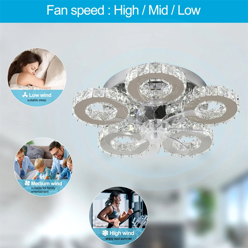 Modern Ceiling Fan Lamp APP Remote Control Crystal Led Chandelier Fan Light Bedroom Living Room Home Appliance Decor Fixture