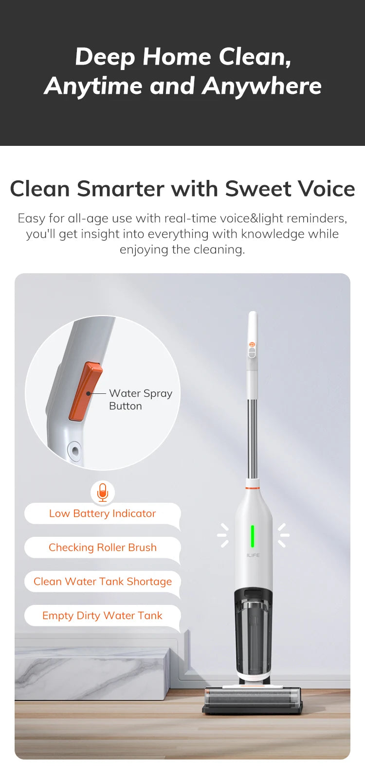 Ilife W90 Cordless Wireless Wet Dry Smart Mop Washing, 5500Pa Suction, 1 Min Self Cleaning, Large Dual Water Tank