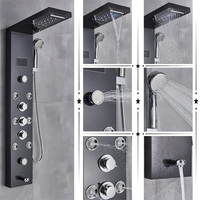 Black/Brushed Bathroom Shower Faucet Set LED Rainfall Shower Panel System Bathtub Water Mixer Tap Massage SPA Temperature Screen