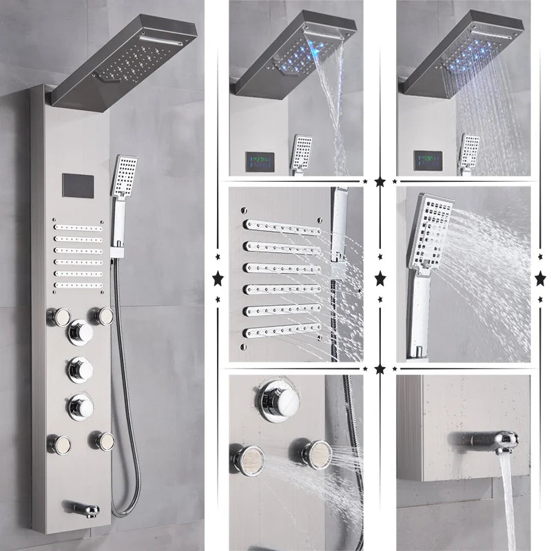 Black/Brushed Bathroom Shower Faucet Set LED Rainfall Shower Panel System Bathtub Water Mixer Tap Massage SPA Temperature Screen