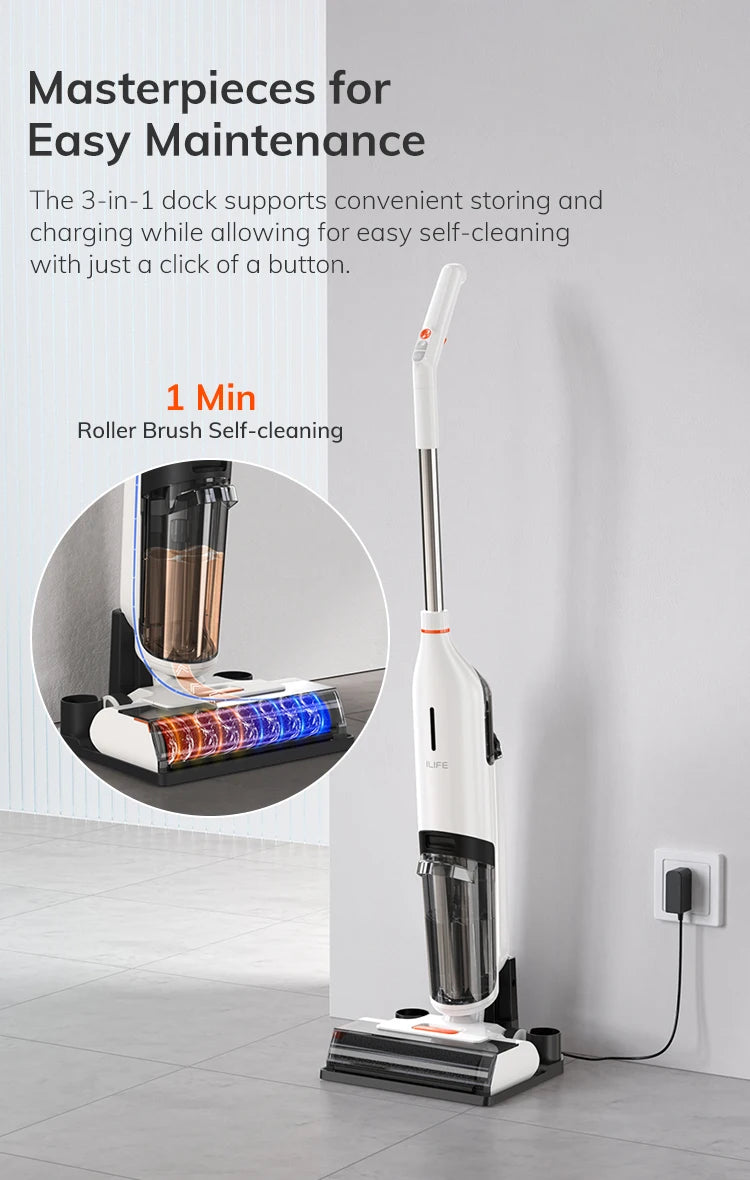Ilife W90 Cordless Wireless Wet Dry Smart Mop Washing, 5500Pa Suction, 1 Min Self Cleaning, Large Dual Water Tank
