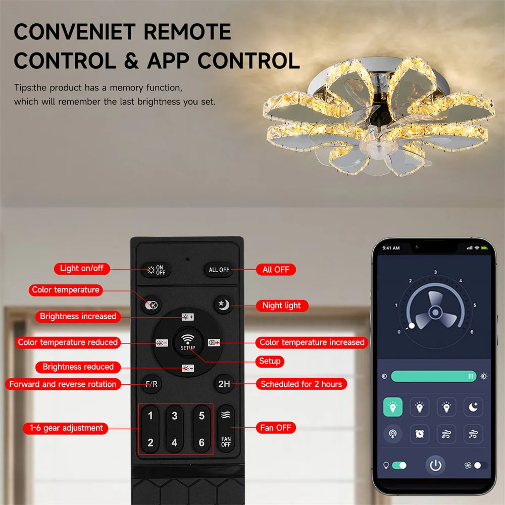 Modern Ceiling Fan Lamp APP Remote Control Crystal Led Chandelier Fan Light Bedroom Living Room Home Appliance Decor Fixture