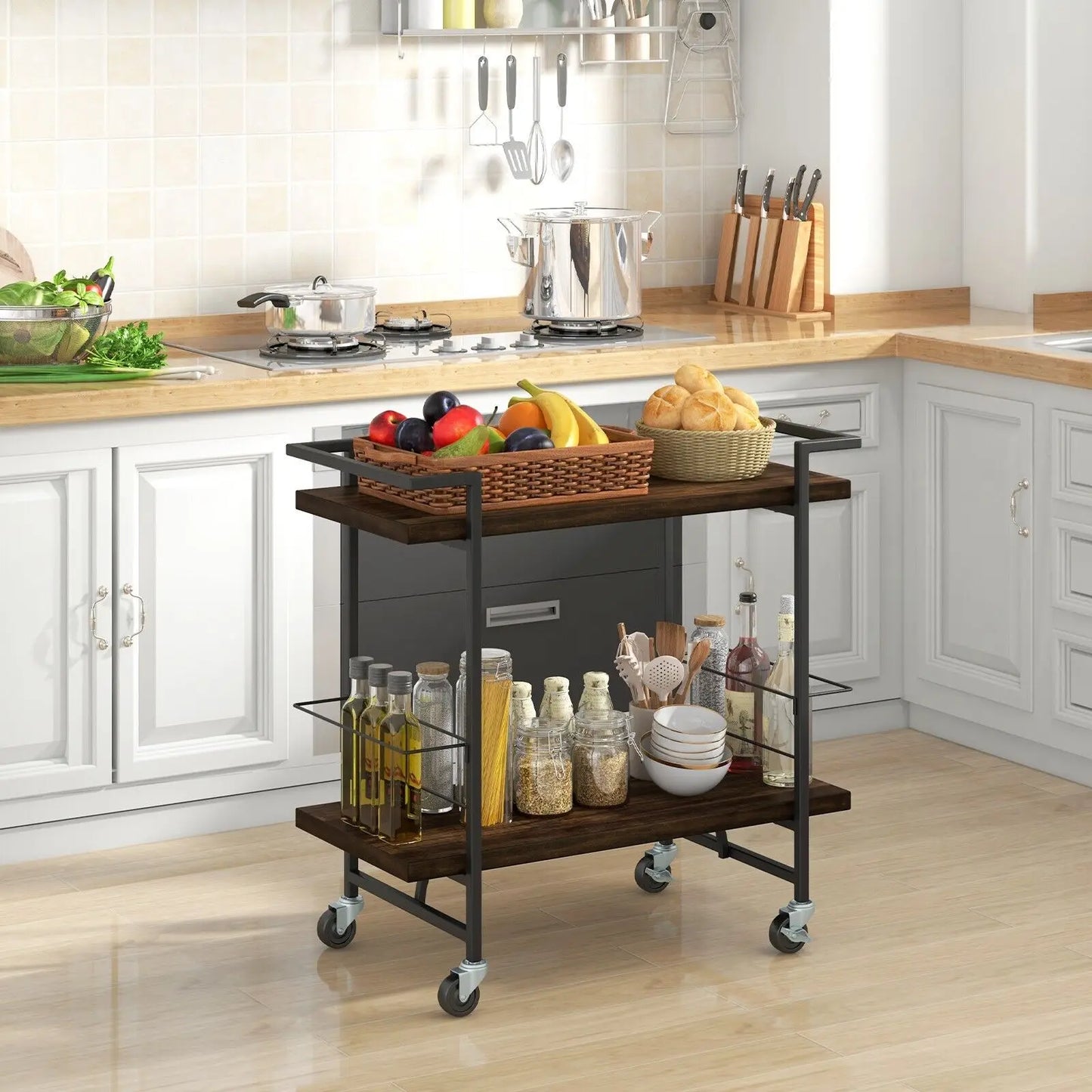 GOFLAME 2-tier Home Bar Cart Kitchen Dining Storage Mobile Cart w/Lockable Wheel