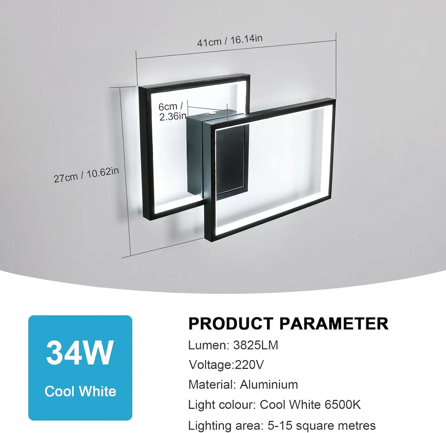 34W Square Aluminum Wall Lamp, 6500K White Light Wall Lamp, Black Minimalist Wall Lamp Suitable for Bedrooms and Living Rooms
