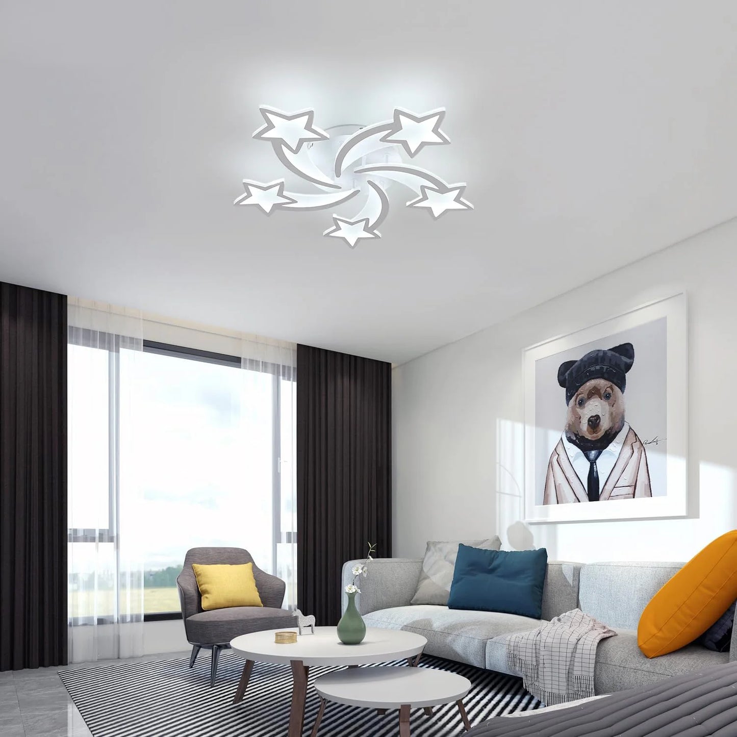 Dimmable LED Ceiling Light with Remote Control, White Creative LED Ceiling Light with 5 Heads for Living Room, Bedroom